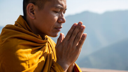 Monk praying at sunrise in mountains symbolizing spiritual awakening