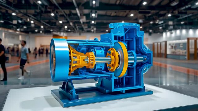 Large Blue Industrial Pump Machinery Exhibit Trade Show Hall People Background