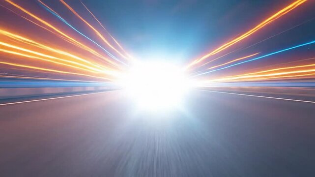 Abstract long exposure shot of a highway at night with colorful light trails.