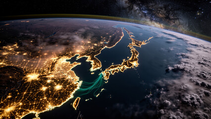 Photorealistic Night View of Tokyo and East Asia with Fiber-Optic Data Glow 4K