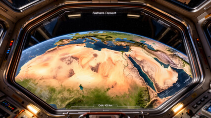 Realistic Earth View through a Futuristic Space Station Window with Data HUD 4K