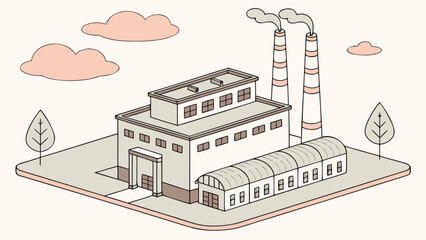 Naklejka premium Industrial factory building with smokestacks and trees.