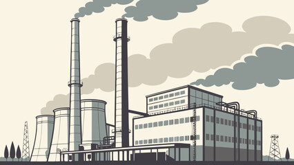 Fototapeta premium Industrial factory complex with tall smokestacks and cooling towers emitting smoke into the sky, illustrating air pollution.