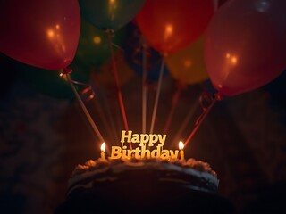 Happy birthday party card with glowing neon candles on a dark background