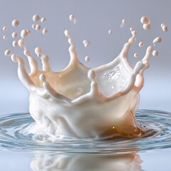 A dynamic milk crown splash freezes in mid-air above a water surface against a soft blue background.