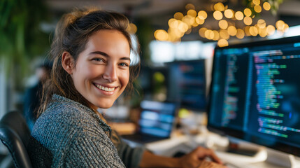 Lovely attractive successful woman developer, software armchair comfortable workspace, workstation indoors professional environment, confident programmer portrait, tech career disp