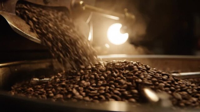 A captivating close-up shot reveals an abundant stream of freshly roasted coffee beans cascading from an industrial-style roaster into a cooling tray. The rich, dark brown beans tumble and pile up, cr