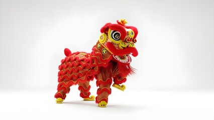 Traditional red Chinese lion dance mascot isolated on white background. Detailed 3D illustration for Lunar New Year design, representing strength, fortune, and cultural heritage.