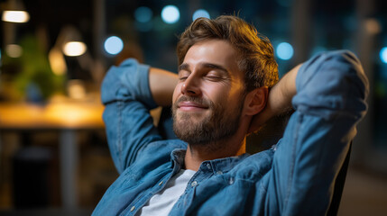 Happy relaxed developer sitting, laid back chair pleased, software development work office, enjoying programming success late, night server code script, defocused workspace , with 