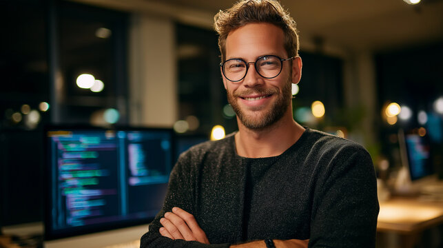 Portrait male web developer standing, confidently computer code screen, programming workspace professional display, tech career confidence, development environment moment, defocuse - Powered by Adobe