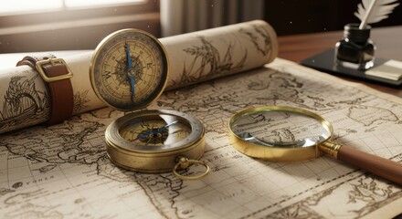 Antique navigational instruments rest upon a detailed world map alongside a rolled parchment