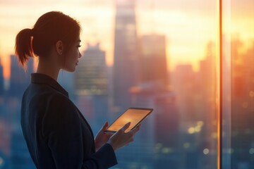 Female executive using tablet near window, sunset skyline glowing, corporate highrise office, thoughtful posture, reviewing data on screen, ambient golden light, modern leadership mood, urban