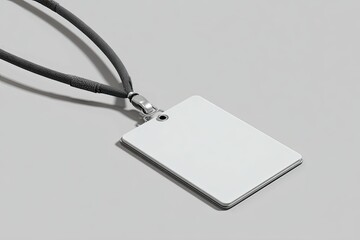 Identity Blank white name badge with lanyard on a light gray background, simple