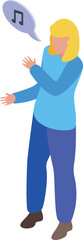 Fototapeta premium Isometric blonde woman singing, enjoying music, shown by music note in speech bubble