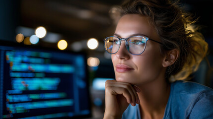 Software developer freelancer woman, glasses program code work, C++ Java Javascript wide displays, night develops web desktop, mobile application framework, defocused projector bac