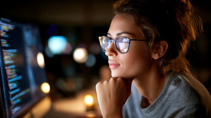 Software developer freelancer woman, glasses program code work, C++ Java Javascript wide displays, night develops web desktop, mobile application framework, defocused projector bac