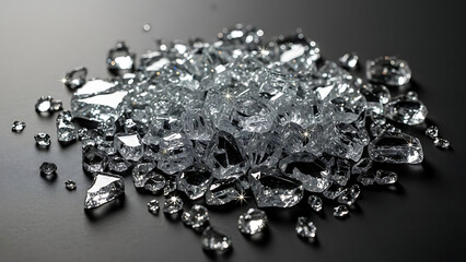 Pile of sparkling broken glass pieces on a dark surface