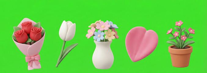 Collection of charming 3D illustrations celebrating nature, love, and festive occasions, featuring flowers and gifts