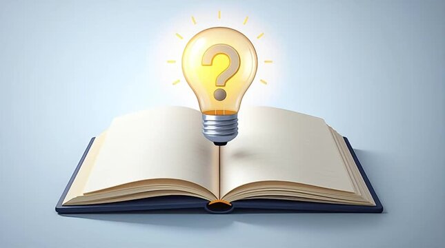An open book with a glowing lightbulb containing a question mark, symbolizing learning, ideas, problem-solving, and inspiration.