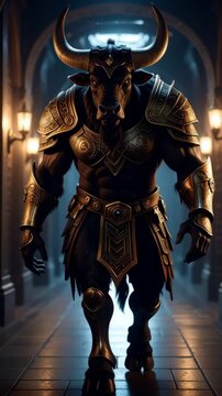 Powerful armored minotaur stands in corridor with lanterns in dimly lit ancient fortress. Fantasy creature with horns and muscular physique.