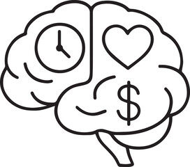 A black and white illustration of a brain with a checkmark on a with various symbols and lines around it