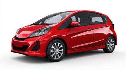 Naklejka premium A vibrant red hatchback car is displayed against a clean white background, showcasing its sleek design and modern features for urban transportation solutions.
