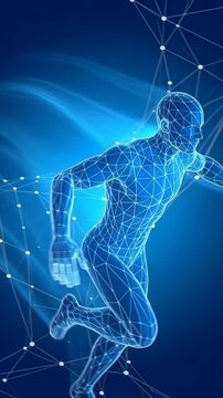 Anatomical wireframe figure of a male runner sprinting on a geometric grid network with a deep blue gradient background, human form and movement displayed.