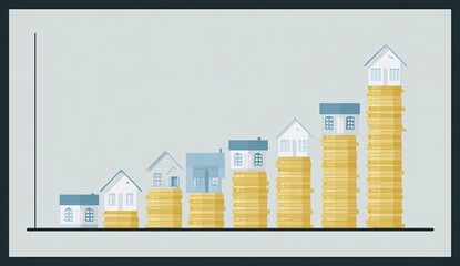 Rising houses on coin stacks, graph illustration
