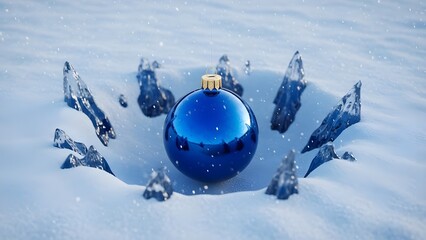 A large blue christmas ornament surrounded by shards of ice in the snow on a cold winter day with falling snowflakes with holiday and seasonal