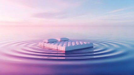 Soft pink and blue makeup cushion floating on calm water with ripples at sunset with cosmetics and beauty and skincare and serene and peaceful