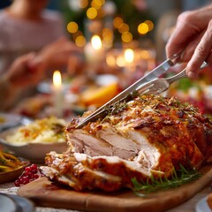 A person slices into a glazed roast pork loin with a knife and fork set while seated at a brightly lit holiday dining table.