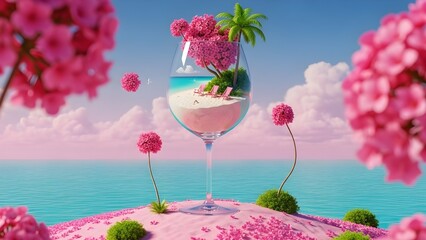 Surreal tropical island scene inside a wine glass with pink flowers and palm trees on a serene ocean background with miniature and paradise and beach