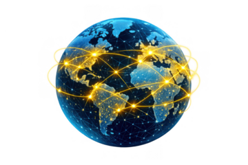 Global network connecting continents, showing digital communication and internet technology for worldwide data exchange