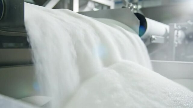 Industrial process of white sugar pouring from conveyor belt into a pile for packaging production in a food processing factory.