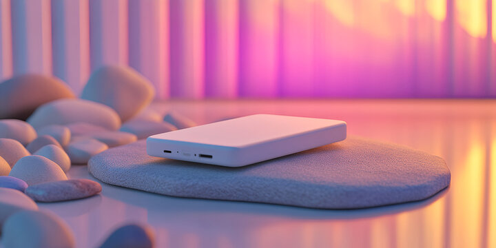 Power Bank Mockup on Stylized Pebble Base with Ambient Lighting