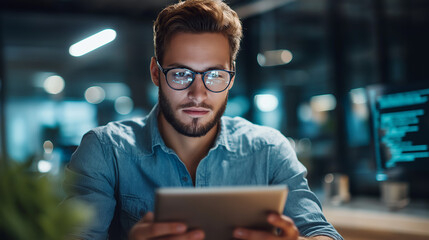 Concentrated male software developer sitting, table modern workplace browsing, tablet working program code, development activity focus, tech professional moment , with copy space