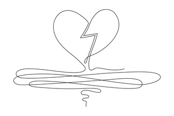 Continuous Line Drawing of Heart Brocken Icon. Hand drawn minimal heart line art design. Abstract doodle romantic love concept for valentine card, wedding invitation, web banner and print. Vector