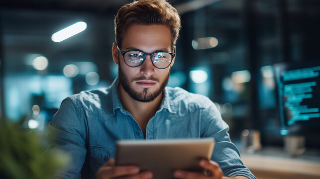 Concentrated male software developer sitting, table modern workplace browsing, tablet working program code, development activity focus, tech professional moment , with copy space - Powered by Adobe