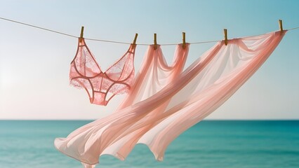Pink lingerie and sheer fabric hanging on a clothesline against a serene ocean backdrop with a clear blue sky with calm and peaceful and tranquil