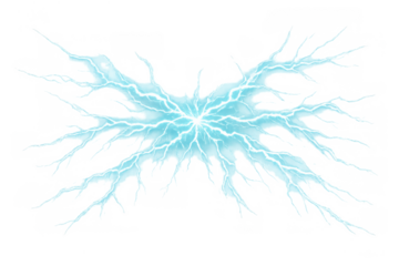 Blue electric lightning discharge creating a powerful shockwave effect with glowing thunder bolt light, transparent background