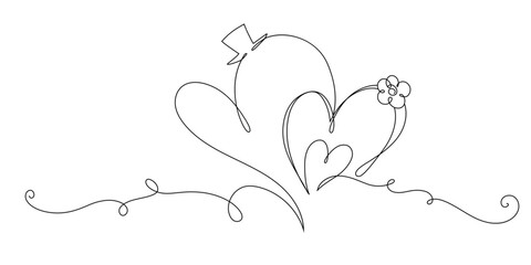Continuous Line Drawing Heart Icons Family Concept. Hand drawn minimal heart line art design. Abstract doodle romantic love concept for valentine card, wedding invitation, web banner and print. Vector