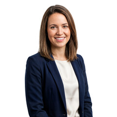 Approachable Professional Woman in Navy Suit Smiling Warmly at Camera on Isolated transparent background