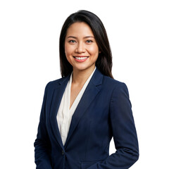 Confident Young Professional Asian Woman in Navy Suit Smiling Brightly on Isolated transparent background