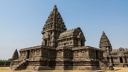 A grand ancient Hindu temple complex with multiple towering spires and intricate stone carvings under a clear blue sky.