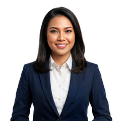 Smiling Professional Asian Woman in Navy Suit Exuding Confidence on Isolated transparent background
