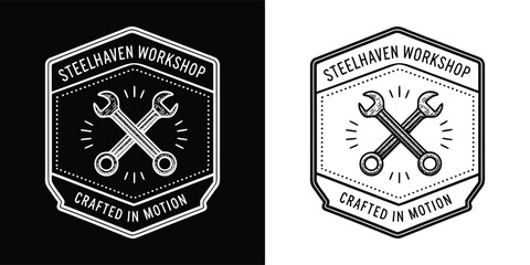 Obraz premium Vintage badge logo design featuring crossed wrenches symbolizes mechanical craft and the phrase crafted in motion for repair services.