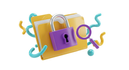 Locked yellow file folder, purple padlock, and magnifying glass floating in a white void with abstract digital elements. Concept of data security and encryption