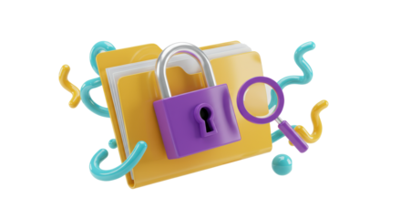 Locked yellow file folder, purple padlock, and magnifying glass floating in a white void with abstract digital elements. Concept of data security and encryption