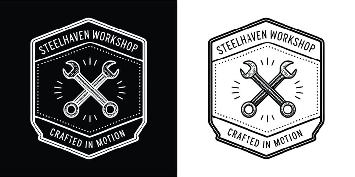 Vintage badge logo design featuring crossed wrenches symbolizes mechanical craft and the phrase crafted in motion for repair services.