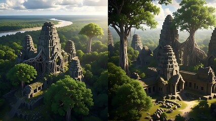 Ancient stone temples and ruins nestled within a lush, dense jungle with towering trees and a winding river under a cloudy sky.